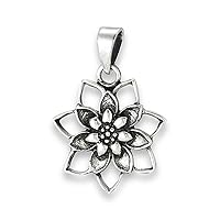 Floral Lotus Pendant .925 Sterling Silver Cutout Detailed Flower Oxidized Charm