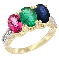 10K Yellow Gold Natural Pink Topaz, Emerald & Blue Sapphire Ring 3-Stone Oval 7x5 mm Diamond Accent, Sizes 5-10