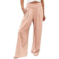 Linen Pants Women Summer Beach Wide Leg Lounge Pants Casual Elastic High Waisted Palazzo Trousers with Pockets