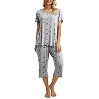 PrinStory Women's Pajamas Set Short Sleeve Sleepwear Top Capri Pants Soft Pjs Sets Loungewear with Pockets