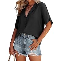 HOTOUCH Womens Cotton Button Down Shirt Summer Short Sleeve Loose Linen Blouse Casual V Neck Collared Tops,S-XXL