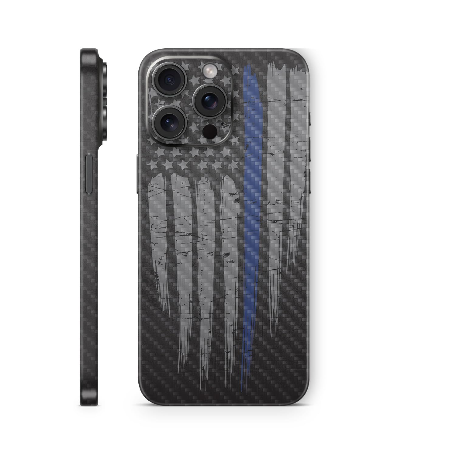 MightySkins Carbon Fiber Skin Compatible with Apple iPhone 15 Pro Max Full Wrap - Thin Blue Line | Protective Durable Textured Carbon Fiber Finish | Easy to Apply & Change Styles | Made in The USA