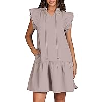 ANRABESS Womens Summer V-Neck Drawstring Ruffle Cap Short Sleeve Casual Shift Mini Dress with Pockets