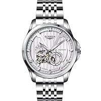 GUANQIN Men's Vintage Skeleton Watch Automatic Mechanical Sapphire Crystal Double Sided Hollow Watch Men Stainless Steel Male Business Watch Waterproof Luminous, silver white, Bracelet Type