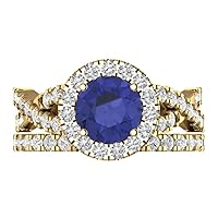 Clara Pucci 2.25ct Round Cut Halo Solitaire Genuine Simulated Tanzanite Designer Art Deco Statement Wedding Ring Band Set 18K Yellow Gold