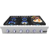 36 Inch Gas Cooktop 6 Burners with Griddle, GASLAND Chef Professional Natural Gas Rangetop Slide-in with Blue Indicator Lights, Reversible Cast Iron Grill/Griddle,Re-ignition, 120V Plug-in