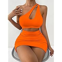 TLULY Dress for Women One Shoulder Cut Out Ruched Bodycon Dress (Color : Orange, Size : X-Small)