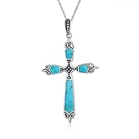 Vintage Style Spiritual Religious White Mother of Pearl Pink Rhodochrosite Blue Turquoise Gemstone Fleur De Lis Cross Pendant Necklace Western Jewelry For Women Teen Oxidized .925 Sterling Silver