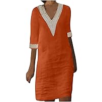 Women Cotton Linen Guipure Lace V-Neck T-Shirt Dresses Half Sleeve Crewneck Casual Trendy Knee Swing Tunic Dress