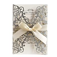 50Pcs Glitter Floral Laser Cut Wedding Invitation Cards with Envelope Blank Inner Sheet and Ribbon for Wedding Engagement Bridal Shower Party Invite(7.09 X 4.92inch, Silvery)