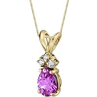 PEORA Created Pink Sapphire with Genuine Diamonds Pendant in 14 Karat Yellow Gold, Dainty Teardrop Solitaire, Pear Shape, 7x5mm, 1 Carat total