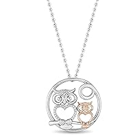 0.12 CT Round Cut White Diamond Baby Owl & Mother Owl Pendant Necklace 14k Two Tone Gold Plated 925 Sterling Silver
