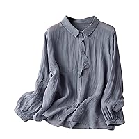 Women Cotton Linen Asymmetrical Button Down Shirts Summer Fashion Casual Loose Fit Solid Long Sleeve Lapel Blouses