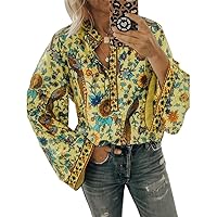 Ladies Summer Tops Long Sleeve Boho Floral T Shirts for Women Button Up Womens Blouses Dressy Casual Tunic Tops