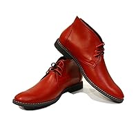 Modello Cleto - Handmade Italian Mens Color Red Ankle Chukka Boots - Cowhide Smooth Leather - Lace-Up