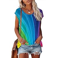 Women's Short Sleeve Tunic Tops Basic Loose Batwing Sleeve Casual Tees Summer Geometric Graphic Color Block Blouses