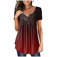 Womens Plus Size Tops Tunic Gradient Short Sleeve Sexy V-Neck Shirts Trendy Casual T-Shirt Blouse Top