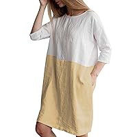 Women's Plus Size 3/4 Sleeve Loose Cotton Linen Top Shirt Dress S-3XL