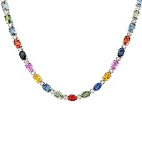 35.2 Carat Natural Multicolor Ceylon Sapphire and Diamond (F-G Color, VS1-VS2 Clarity) 14K White Gold Luxury Tennis Necklace for Women Exclusively Handcrafted in USA