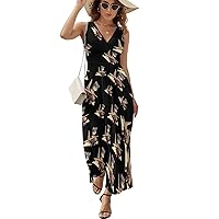 Cat Flying on an Airplane Print Women's Sleeveless Dress V Neck Flowy Hem Sundresses Summer Beach Maxi Dress