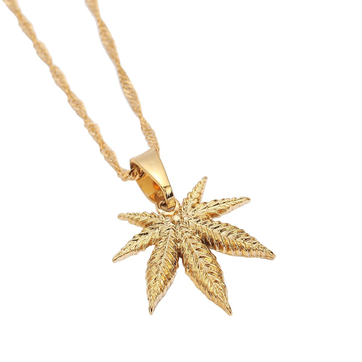 24K Yellow Gold Color Jewelry Cannabis Weed Marijuana Leaf Pendant Necklace