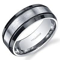 PEORA Classic Men's Genuine Titanium Wedding Band Ring, Black and Silver Tone, 8mm Beveled Edge Comfort Fit, Sizes 8 to 13