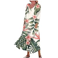 Summer Dresses for Women 2024 Beach Floral Tshirt Sundresses Casual Boho 3/4 Sleeve Dress with Pockets
