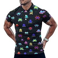 Space Invaders Argyle Pattern Men's Polo-Shirts Short Sleeve Golf Tees Outdoor Sport Tennis Tops