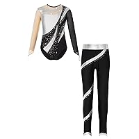 iiniim Gymnastic for Kids Girls Long Sleeve Metallic Leotard with Leggings Sets Sequins Tracksuit Performance Dancewear