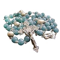 elegantmedical HANDMADE Sterling Silver Beads 5 DECADE GIFT ROSARY Crucifix Cross Aquamarine Beads & necklace Box