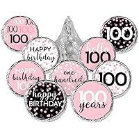 Pink, Black, and White Birthday Party Favor Stickers - Kisses Candy Labels - 180 Count - Milestone Birthday Party Supplies (100th Birthday)