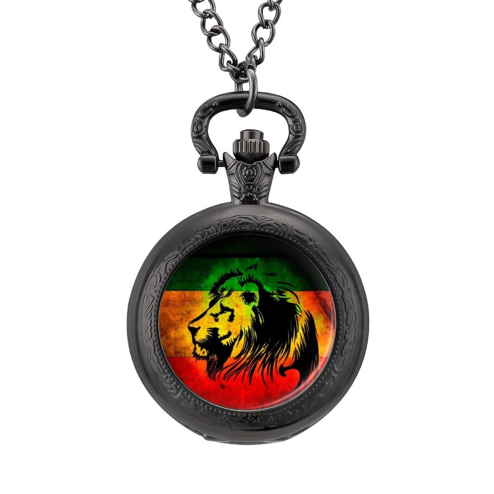 African Flag The Lion Of Judah Rasta Rastafari Jamaica Quartz Pocket Watch Vintage Necklace Watches With Chain For Men Women black-style