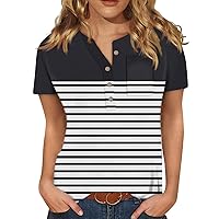 Spring Outfits for Women 2024 Fashion Striped Blouse Button Collar Chest Pocket Tees Short Sleeve V Neck T-Shirts