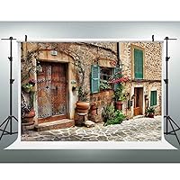 7(W) x5(H) FT Streets Mediterranean Towns Photography Backdrop, Flower Door Windows Wall European Travel Hiking Party Background, Photo Booth Room Studio Props 10646
