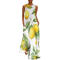 Lemon Fruit Women's Summer Sleeveless Long Dress V-Neck Ankle Maxi Dresses with Pockets