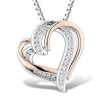 Diamond Heart Pendant Necklace 1/10 cttw Natural Diamonds in Sterling Silver, 14kt Rose Gold Plated Silver or 2-Tone Silver and Rose or Yellow Gold - 18 Inch BoxChain