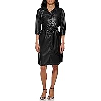 CALVIN KLEIN Women's Modern Edgy Faux Leather Belted Dress