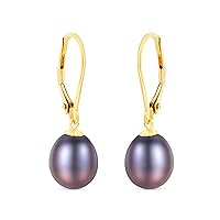 18K Yellow Gold Freshwater White Purple Quality Pearl Hook Drop Round Dangle Stud for Women | Ideal Gift for Women on Mother's Day/Birthday/Anniversary…