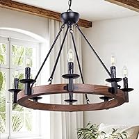 Wellmet 8 Lights Farmhouse Iron Chandeliers for Dining Rooms 28 inch, Wagon Wheel Chandelier Candle Style, Rustic Hanging Ceiling Light Fixture Bedroom Living Room Foyer Hallway, Faux Wood Finish