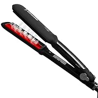 Professional Steam Infrared Hair Straightener Flat Iron, with 2 inch Wide Tourmaline Ceramic Plate, Fast Vapor Instant Heat Up with Adjustable Temperature, Dual Voltage (Black)