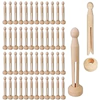Winlyn 50 Sets Unfinished Wood Doll Pins Doll Clothespins Wooden Round Peg Wood Clothespins and Stands Craft Supplies for DIY Art Painting Projects Doll Ornaments Rustic Country Embellishments