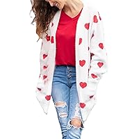 Women Heart Print Open Front Sweater Valentine's Day Love Long Sleeve Loose Cardigan Casual Fuzzy Knit Outwear