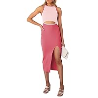 Pink Queen Women's Cutout Crew Neck Sleeveless Tank Slit Ribbed Bodycon Midi Dresses