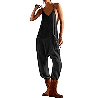 Women's Sleeveless Jumpsuits Casual Waffle Knit Rompers V Neck Loose Overalls Spaghetti Strap One Piece Jumpsuits