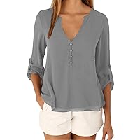Andongnywell Women Button V-Neck Casual Tops T-Shirt Loose Top Blouse Pull Sleeve Loose Chiffon Shirt