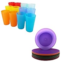 10-inch Plastic Plates and 22-ounce Large Tumbler Cups Reusable BPA Free Dishwasher Safe Microwave Colorful Set of 24 For Kids Indoor Outdoor Use
