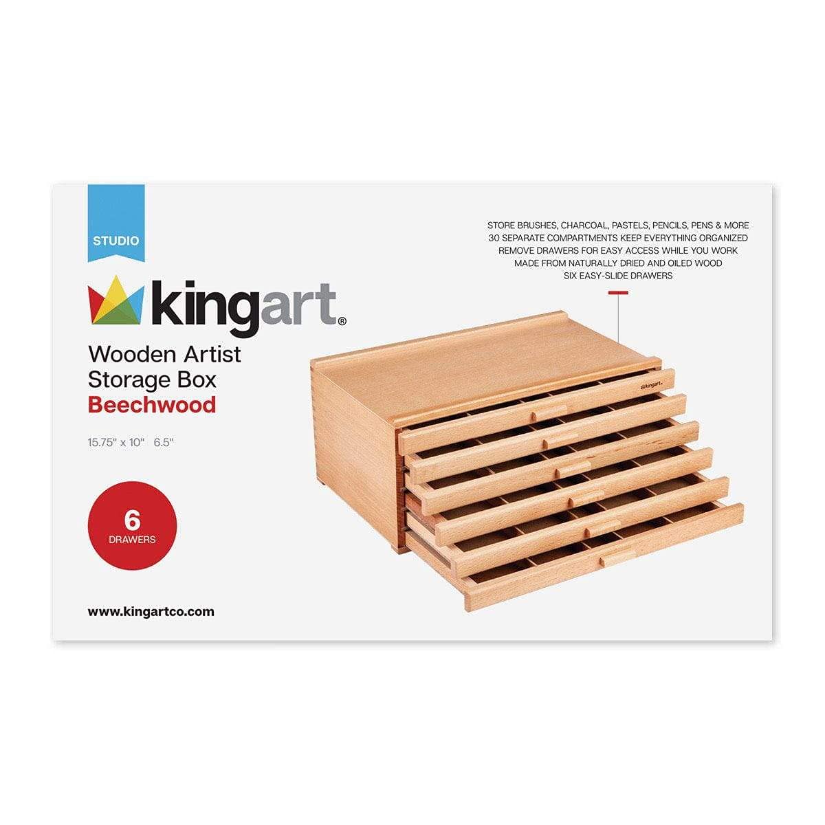 KINGART 723N Wood 6-Drawer Artist SUPPLY STORAGE BOX, 15-3/4” W x 10” D x 6-1/2” H, Natural Finish, Storage for Art Materials including Paint Tubes, Pastels, Pencils, Markers, Brushes and more
