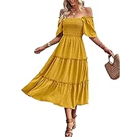 Womens Square Collar Smocked Maxi Dresses Bohemian Short Sleeve Ruffles Midi Vestidos De