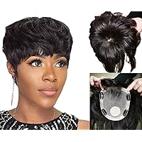 Human Hair Short Curly Hair Toppers For Women,16X18cm Womens Large Base Pixie Hair Toppers For Thinning Bouffant Hairstyles Short Hair Hair Extensions (Jet black(1#), Wavy/straight)