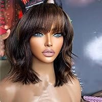 Natural Wavy Short Bob Human Hair Highlight Wigs with Bangs 1B/30 Ombre Brown Human Hair Glueless Bangs Wig Bleached Knots 13X4 HD Transparent Lace Front Wigs Brazilian Hair 150% Density 8Inch